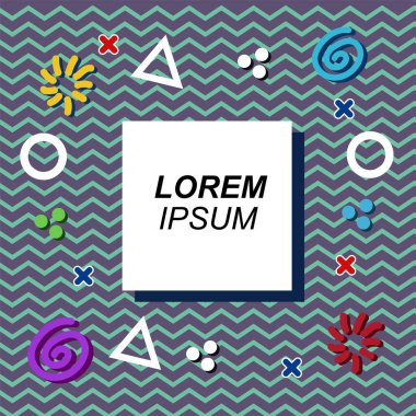 Çeşitli geometrik şekilli, süslemeli ve metin alanlı soyut arkaplan kare kartı. Geometrik memphis tarzıyla kare duvar kağıdı.