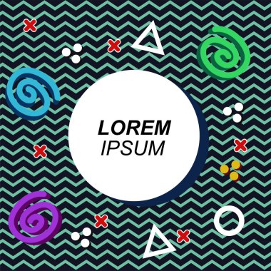 Çeşitli geometrik şekilli, süslemeli ve metin alanlı soyut arkaplan kare kartı. Geometrik memphis tarzıyla kare duvar kağıdı.