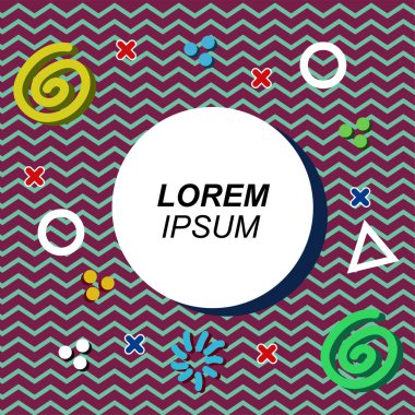 Çeşitli geometrik şekilli, süslemeli ve metin alanlı soyut arkaplan kare kartı. Geometrik memphis tarzıyla kare duvar kağıdı.