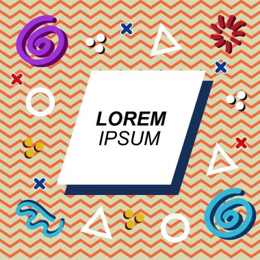 Çeşitli geometrik şekilli, süslemeli ve metin alanlı soyut arkaplan kare kartı. Geometrik memphis tarzıyla kare duvar kağıdı.
