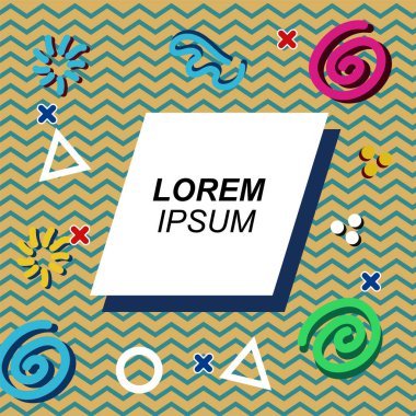 Çeşitli geometrik şekilli, süslemeli ve metin alanlı soyut arkaplan kare kartı. Geometrik memphis tarzıyla kare duvar kağıdı.