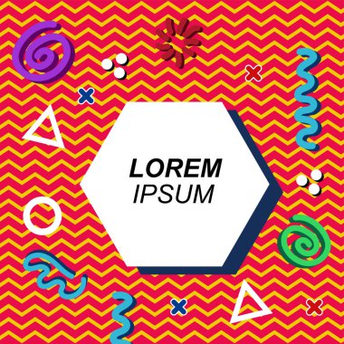 Çeşitli geometrik şekilli, süslemeli ve metin alanlı soyut arkaplan kare kartı. Geometrik memphis tarzıyla kare duvar kağıdı.