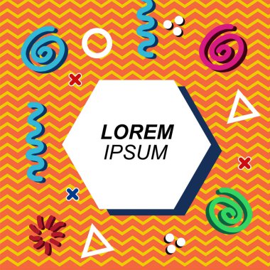 Çeşitli geometrik şekilli, süslemeli ve metin alanlı soyut arkaplan kare kartı. Geometrik memphis tarzıyla kare duvar kağıdı.