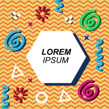 Çeşitli geometrik şekilli, süslemeli ve metin alanlı soyut arkaplan kare kartı. Geometrik memphis tarzıyla kare duvar kağıdı.