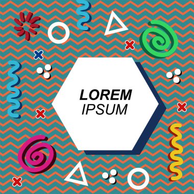 Çeşitli geometrik şekilli, süslemeli ve metin alanlı soyut arkaplan kare kartı. Geometrik memphis tarzıyla kare duvar kağıdı.