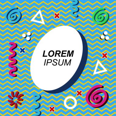 Çeşitli geometrik şekilli, süslemeli ve metin alanlı soyut arkaplan kare kartı. Geometrik memphis tarzıyla kare duvar kağıdı.