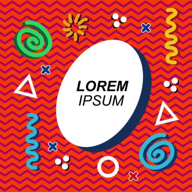 Çeşitli geometrik şekilli, süslemeli ve metin alanlı soyut arkaplan kare kartı. Geometrik memphis tarzıyla kare duvar kağıdı.
