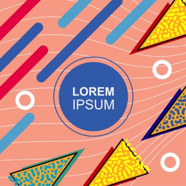 Çeşitli geometrik şekilli, süslemeli ve metin alanlı soyut arkaplan kare kartı. Geometrik memphis tarzıyla kare duvar kağıdı.