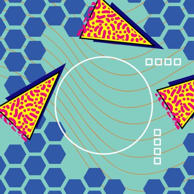 Çeşitli geometrik şekilli, süslemeli ve metin alanlı soyut arkaplan kare kartı. Geometrik memphis tarzıyla kare duvar kağıdı.