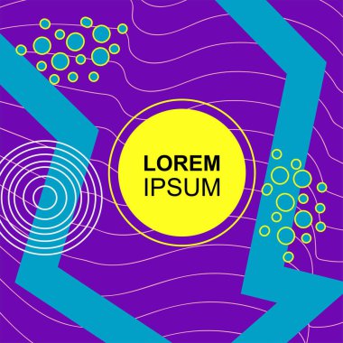 Çeşitli geometrik şekilli, süslemeli ve metin alanlı soyut arkaplan kare kartı. Geometrik memphis tarzıyla kare duvar kağıdı.