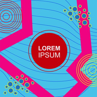 Çeşitli geometrik şekilli, süslemeli ve metin alanlı soyut arkaplan kare kartı. Geometrik memphis tarzıyla kare duvar kağıdı.