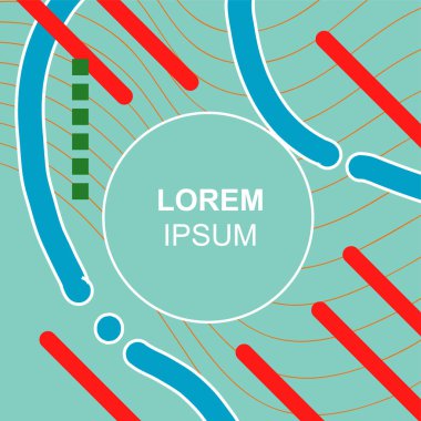 Çeşitli geometrik şekilli, süslemeli ve metin alanlı soyut arkaplan kare kartı. Geometrik memphis tarzıyla kare duvar kağıdı.