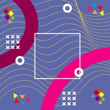 Çeşitli geometrik şekilli, süslemeli ve metin alanlı soyut arkaplan kare kartı. Geometrik memphis tarzıyla kare duvar kağıdı.