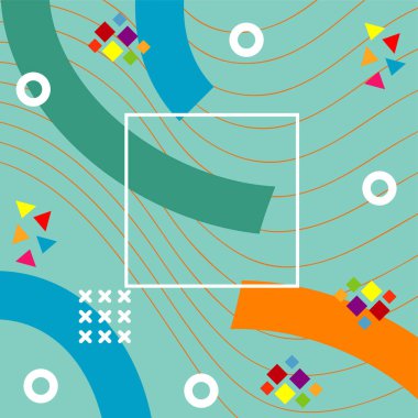 Çeşitli geometrik şekilli, süslemeli ve metin alanlı soyut arkaplan kare kartı. Geometrik memphis tarzıyla kare duvar kağıdı.