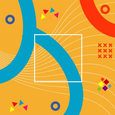 Çeşitli geometrik şekilli, süslemeli ve metin alanlı soyut arkaplan kare kartı. Geometrik memphis tarzıyla kare duvar kağıdı.