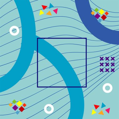 Çeşitli geometrik şekilli, süslemeli ve metin alanlı soyut arkaplan kare kartı. Geometrik memphis tarzıyla kare duvar kağıdı.