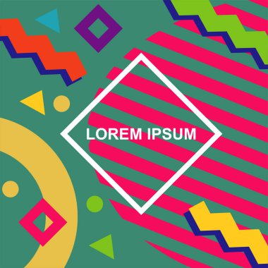 Çeşitli geometrik şekilli, süslemeli ve metin alanlı soyut arkaplan kare kartı. Geometrik memphis tarzıyla kare duvar kağıdı.