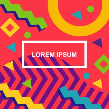Çeşitli geometrik şekilli, süslemeli ve metin alanlı soyut arkaplan kare kartı. Geometrik memphis tarzıyla kare duvar kağıdı.