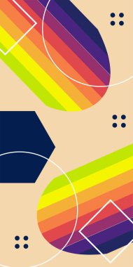 Çeşitli geometrik şekillere sahip soyut dikey arkaplan kartı. Geometrik memphis tarzına sahip dikey duvar kağıdı.