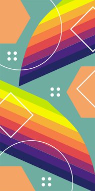 Çeşitli geometrik şekillere sahip soyut dikey arkaplan kartı. Geometrik memphis tarzına sahip dikey duvar kağıdı.