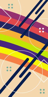 Çeşitli geometrik şekillere sahip soyut dikey arkaplan kartı. Geometrik memphis tarzına sahip dikey duvar kağıdı.