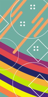 Çeşitli geometrik şekillere sahip soyut dikey arkaplan kartı. Geometrik memphis tarzına sahip dikey duvar kağıdı.