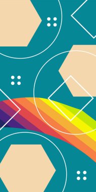 Çeşitli geometrik şekillere sahip soyut dikey arkaplan kartı. Geometrik memphis tarzına sahip dikey duvar kağıdı.