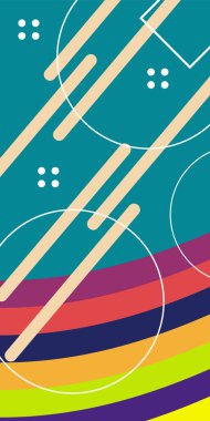 Çeşitli geometrik şekillere sahip soyut dikey arkaplan kartı. Geometrik memphis tarzına sahip dikey duvar kağıdı.