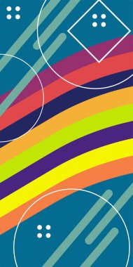 Çeşitli geometrik şekillere sahip soyut dikey arkaplan kartı. Geometrik memphis tarzına sahip dikey duvar kağıdı.