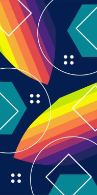 Çeşitli geometrik şekillere sahip soyut dikey arkaplan kartı. Geometrik memphis tarzına sahip dikey duvar kağıdı.