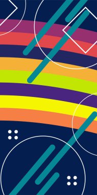 Çeşitli geometrik şekillere sahip soyut dikey arkaplan kartı. Geometrik memphis tarzına sahip dikey duvar kağıdı.