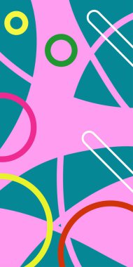 Çeşitli geometrik şekillere sahip soyut dikey arkaplan kartı. Geometrik memphis tarzına sahip dikey duvar kağıdı.