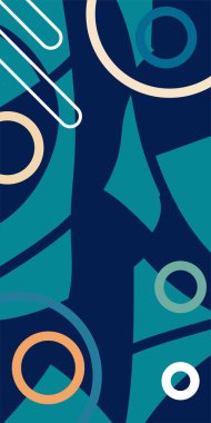 Çeşitli geometrik şekillere sahip soyut dikey arkaplan kartı. Geometrik memphis tarzına sahip dikey duvar kağıdı.