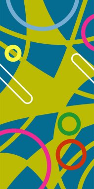 Çeşitli geometrik şekillere sahip soyut dikey arkaplan kartı. Geometrik memphis tarzına sahip dikey duvar kağıdı.