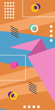 Çeşitli geometrik şekillere sahip soyut dikey arkaplan kartı. Geometrik memphis tarzına sahip dikey duvar kağıdı.