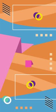 Çeşitli geometrik şekillere sahip soyut dikey arkaplan kartı. Geometrik memphis tarzına sahip dikey duvar kağıdı.