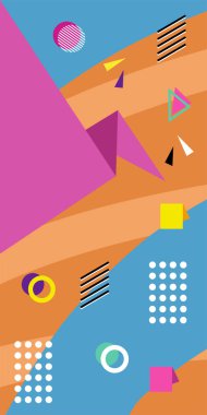 Çeşitli geometrik şekillere sahip soyut dikey arkaplan kartı. Geometrik memphis tarzına sahip dikey duvar kağıdı.