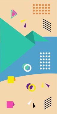 Çeşitli geometrik şekillere sahip soyut dikey arkaplan kartı. Geometrik memphis tarzına sahip dikey duvar kağıdı.