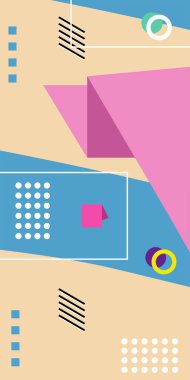 Çeşitli geometrik şekillere sahip soyut dikey arkaplan kartı. Geometrik memphis tarzına sahip dikey duvar kağıdı.