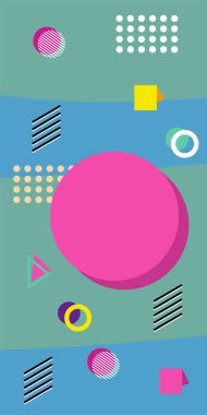 Çeşitli geometrik şekillere sahip soyut dikey arkaplan kartı. Geometrik memphis tarzına sahip dikey duvar kağıdı.