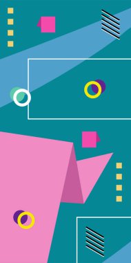 Çeşitli geometrik şekillere sahip soyut dikey arkaplan kartı. Geometrik memphis tarzına sahip dikey duvar kağıdı.