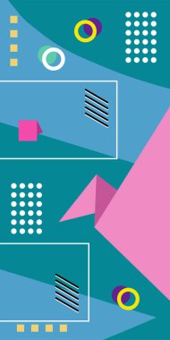 Çeşitli geometrik şekillere sahip soyut dikey arkaplan kartı. Geometrik memphis tarzına sahip dikey duvar kağıdı.