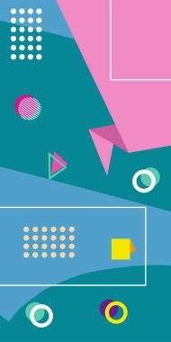 Çeşitli geometrik şekillere sahip soyut dikey arkaplan kartı. Geometrik memphis tarzına sahip dikey duvar kağıdı.