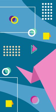 Çeşitli geometrik şekillere sahip soyut dikey arkaplan kartı. Geometrik memphis tarzına sahip dikey duvar kağıdı.