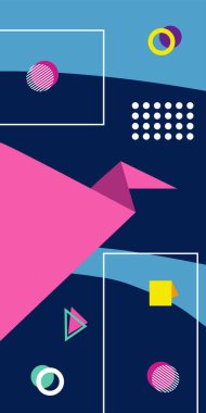 Çeşitli geometrik şekillere sahip soyut dikey arkaplan kartı. Geometrik memphis tarzına sahip dikey duvar kağıdı.