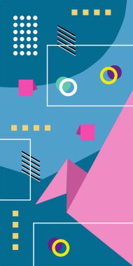 Çeşitli geometrik şekillere sahip soyut dikey arkaplan kartı. Geometrik memphis tarzına sahip dikey duvar kağıdı.