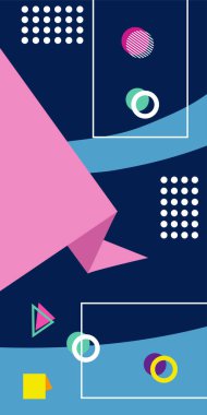 Çeşitli geometrik şekillere sahip soyut dikey arkaplan kartı. Geometrik memphis tarzına sahip dikey duvar kağıdı.