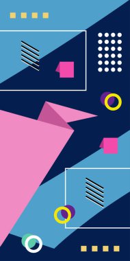 Çeşitli geometrik şekillere sahip soyut dikey arkaplan kartı. Geometrik memphis tarzına sahip dikey duvar kağıdı.