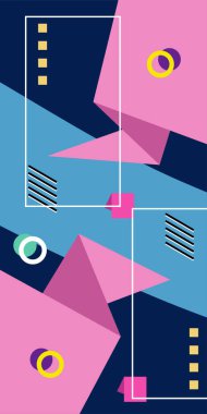 Çeşitli geometrik şekillere sahip soyut dikey arkaplan kartı. Geometrik memphis tarzına sahip dikey duvar kağıdı.