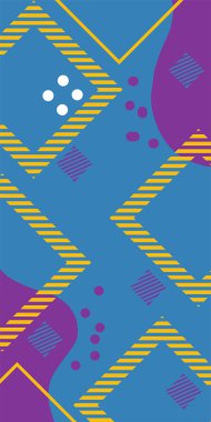 Çeşitli geometrik şekillere sahip soyut dikey arkaplan kartı. Geometrik memphis tarzına sahip dikey duvar kağıdı.